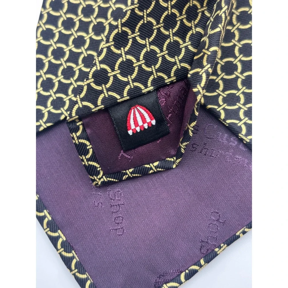 Custom Shop Mens Silk Necktie Black Gold Geometric Rings Purple Liner Tie